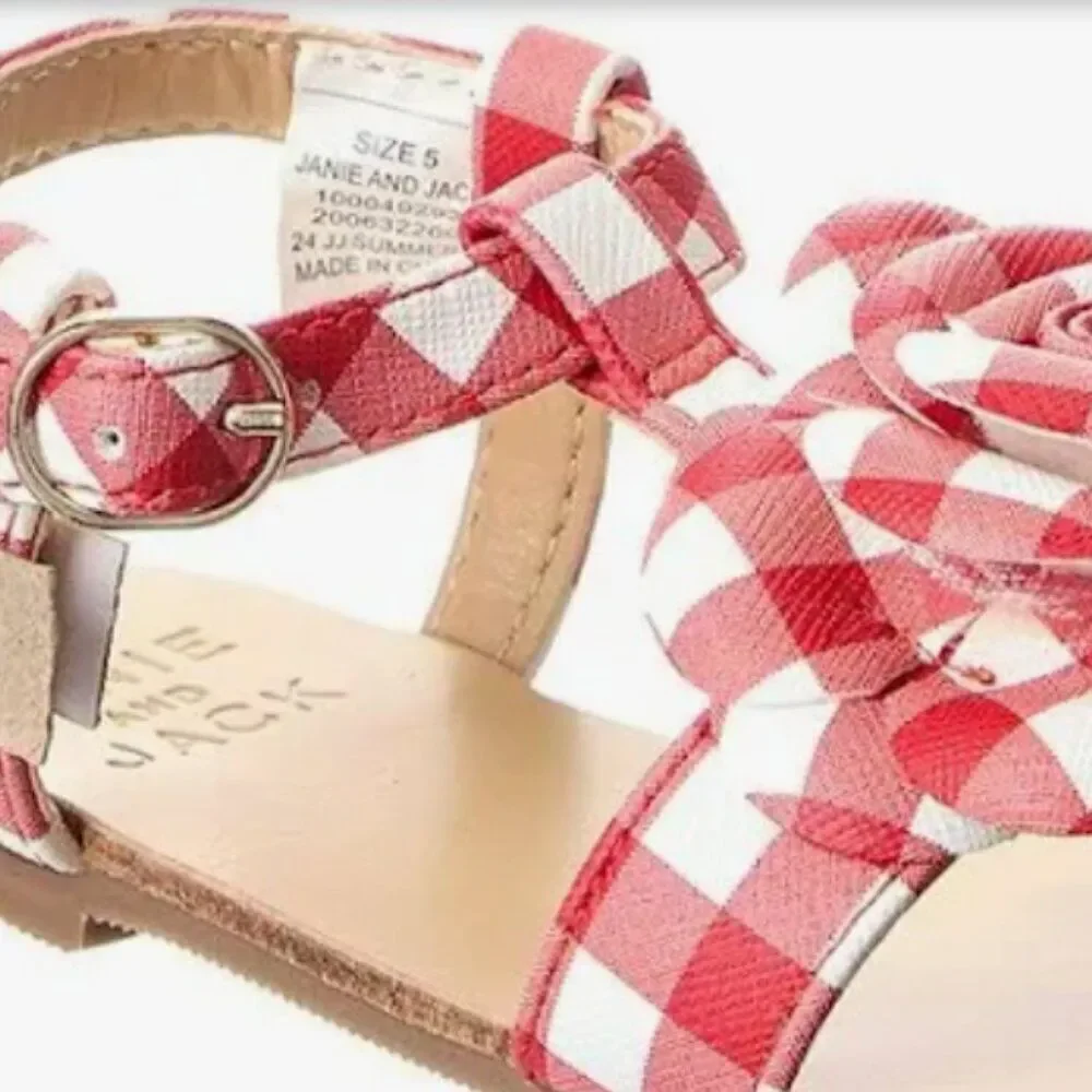 Janie and Jack 100049293 Red and White Gingham sandals Flower detail NWT